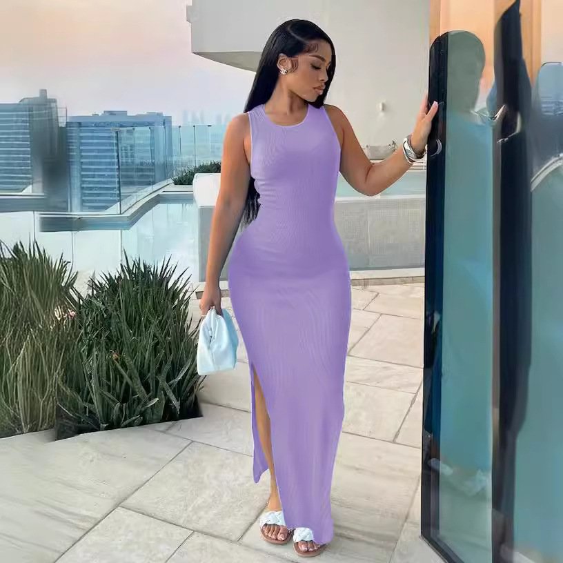 2024 summer best selling product new solid color Commuter ribbed knitted long dress sleeveless round neck high waist long dress