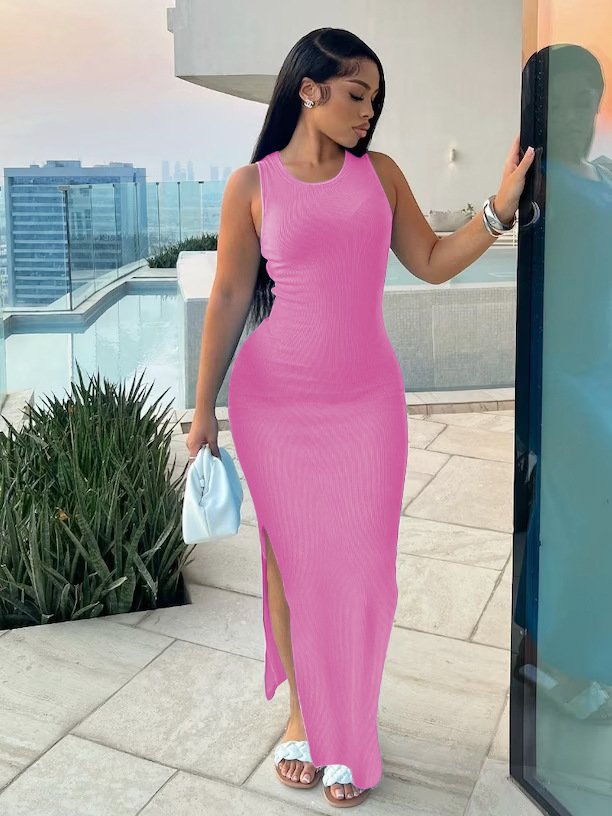 2024 summer best selling product new solid color Commuter ribbed knitted long dress sleeveless round neck high waist long dress
