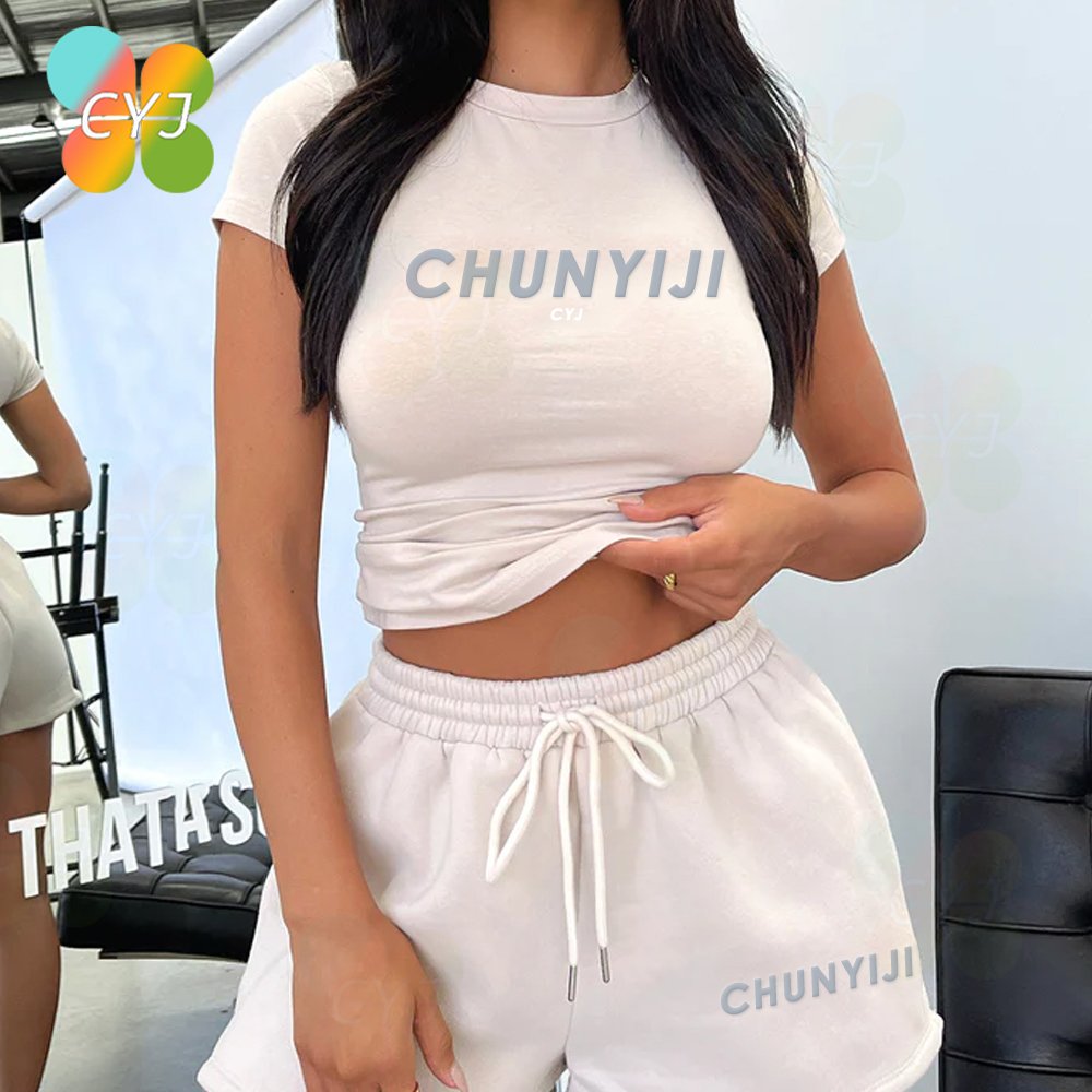 Custom high quality summer women two piece set candy color fitness 3d puff print logo Y2K slim blank crop top fashion woman tee