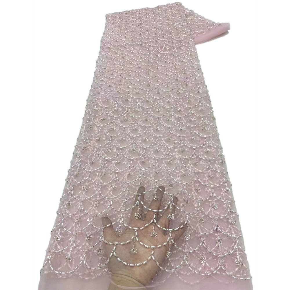 NI.AI Luxury Triangle Embroidery Sequins Lace Bridal Beaded Fabric Sequin Six slices Pearls Wedding Lace Fabric