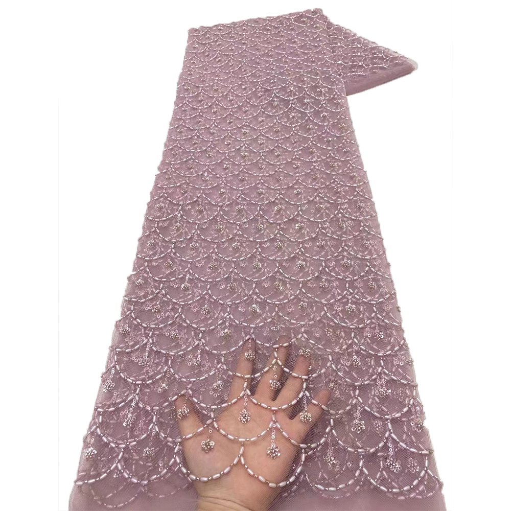 NI.AI Luxury Triangle Embroidery Sequins Lace Bridal Beaded Fabric Sequin Six slices Pearls Wedding Lace Fabric