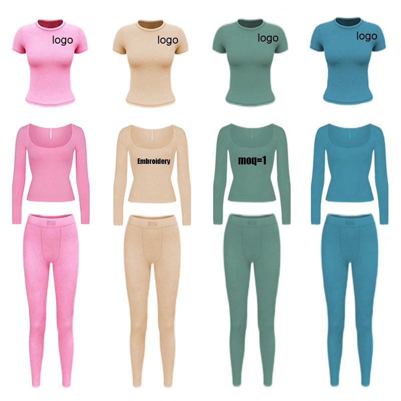 High Quality Custom Logo Cotton Ribbed Lounge Wear Knit Two Piece Set Leggings And Short Sleeve Casual Loungewear Women Sets