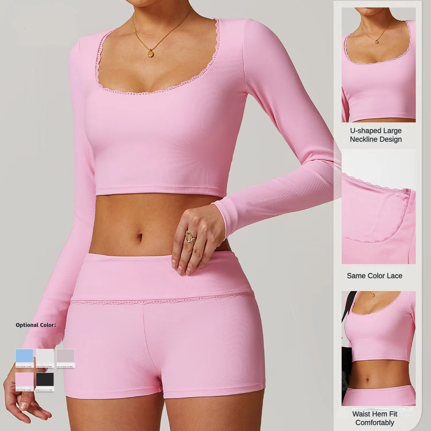 2024 New Arrival Solid Ribbed Workout Tops Square Neck Long Sleeve Quick Dry Shirt Sexy Lace Slim Fit T-shirt For Women