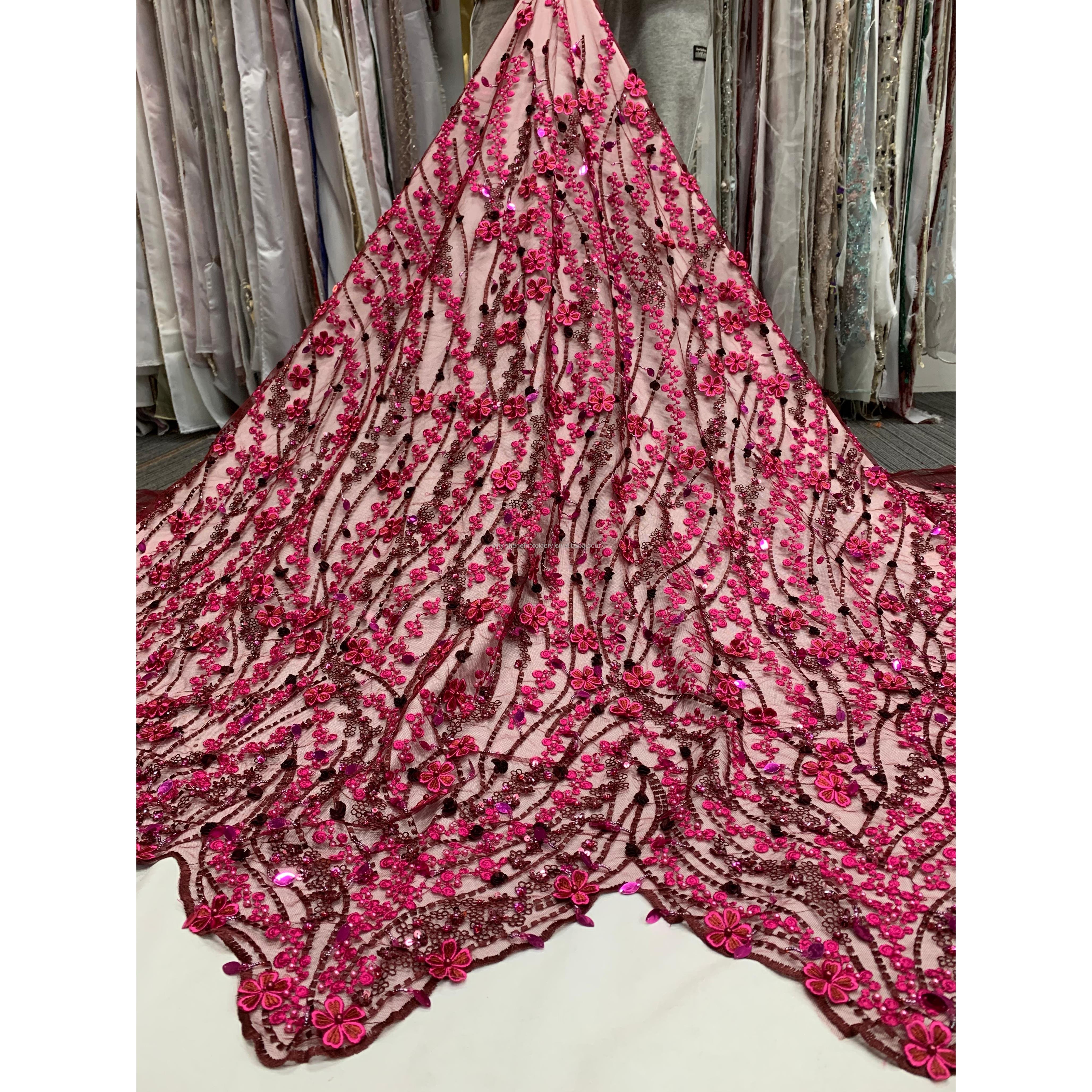 High Quality 3D Flower Advanced Customization handmade beaded net unique embroidery fabric for party dress