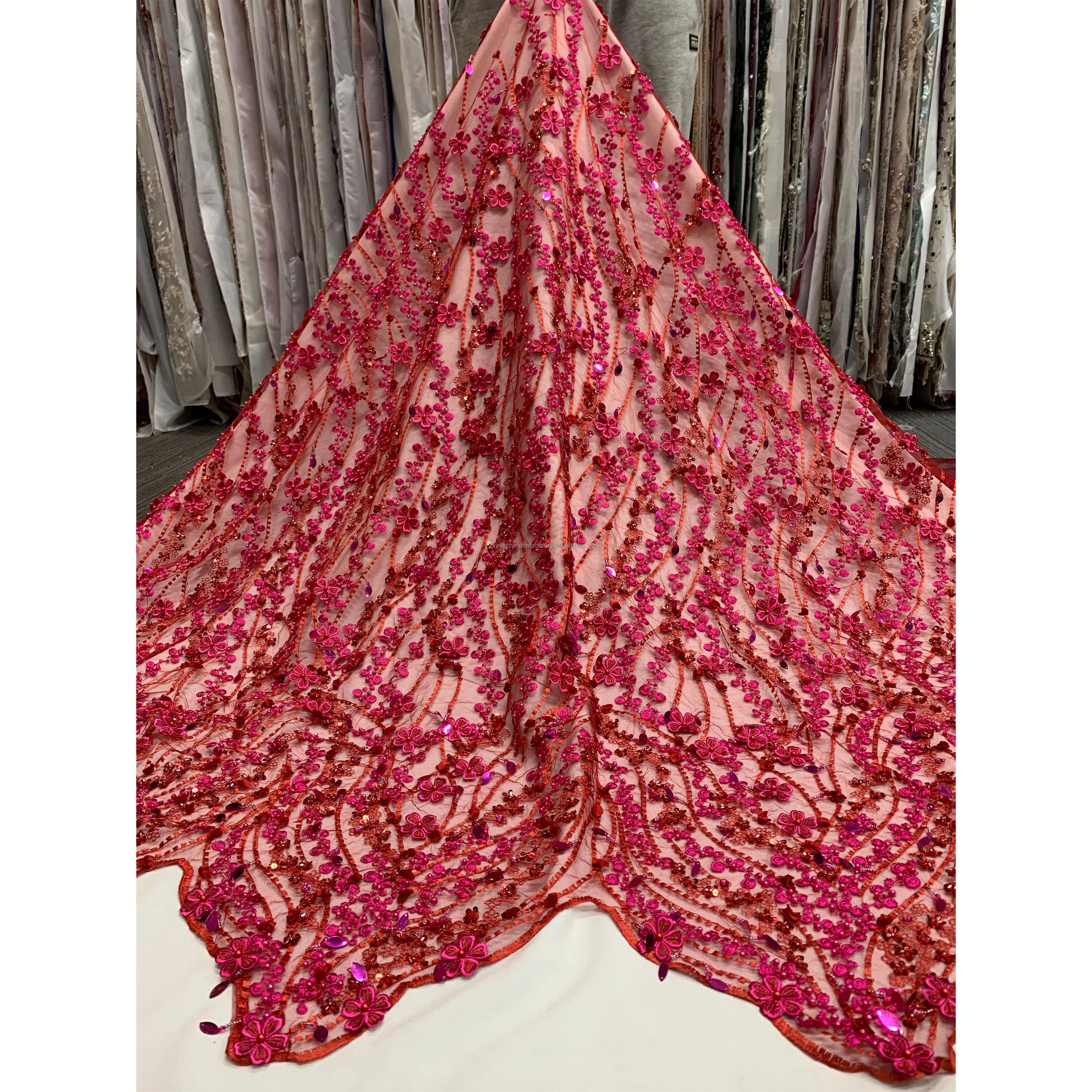 High Quality 3D Flower Advanced Customization handmade beaded net unique embroidery fabric for party dress