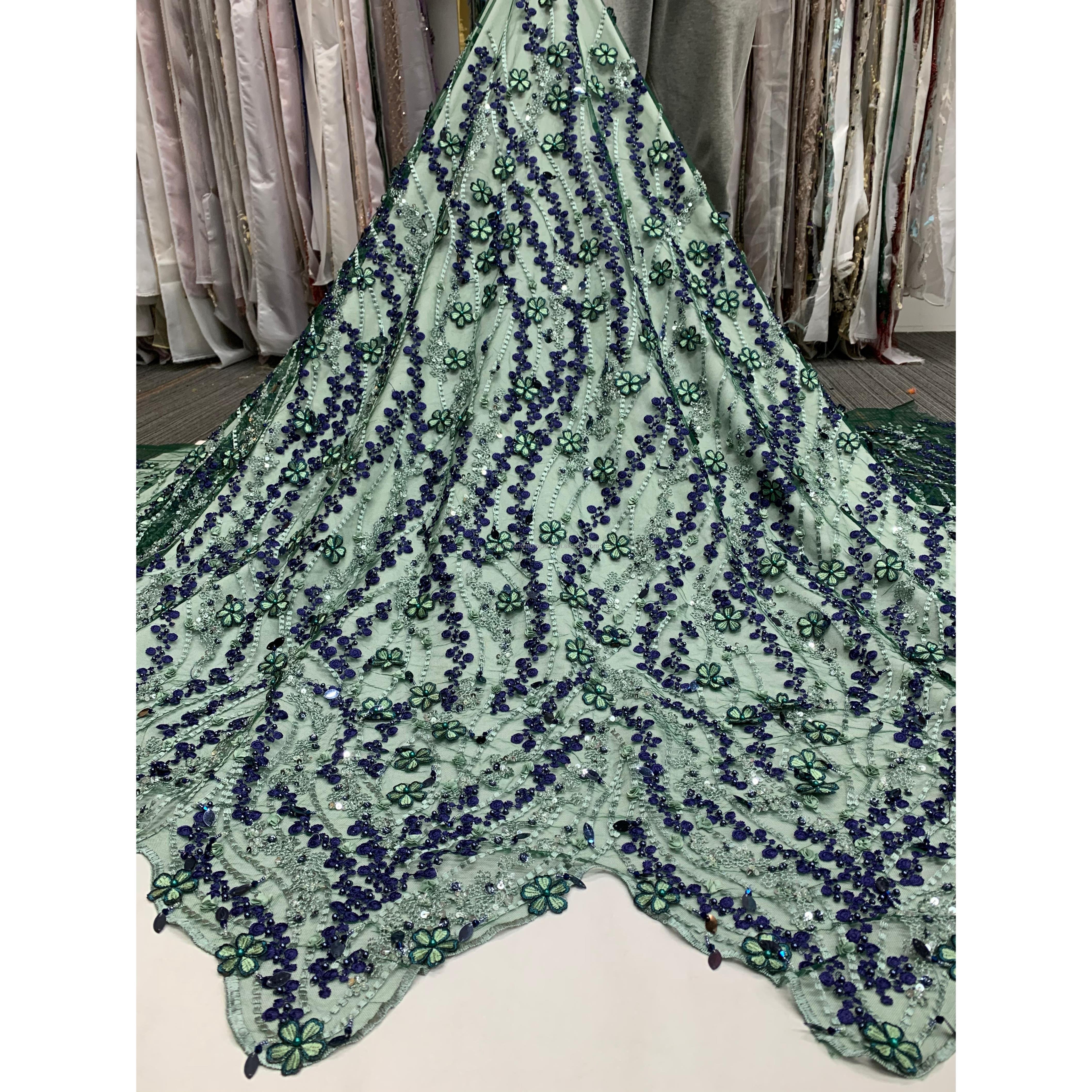 High Quality 3D Flower Advanced Customization handmade beaded net unique embroidery fabric for party dress