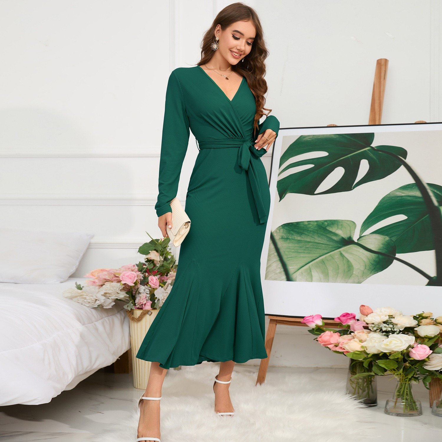 Women's V-neck long sleeve slim-fit temperament fishtail skirt knitted long dress big size explosion
