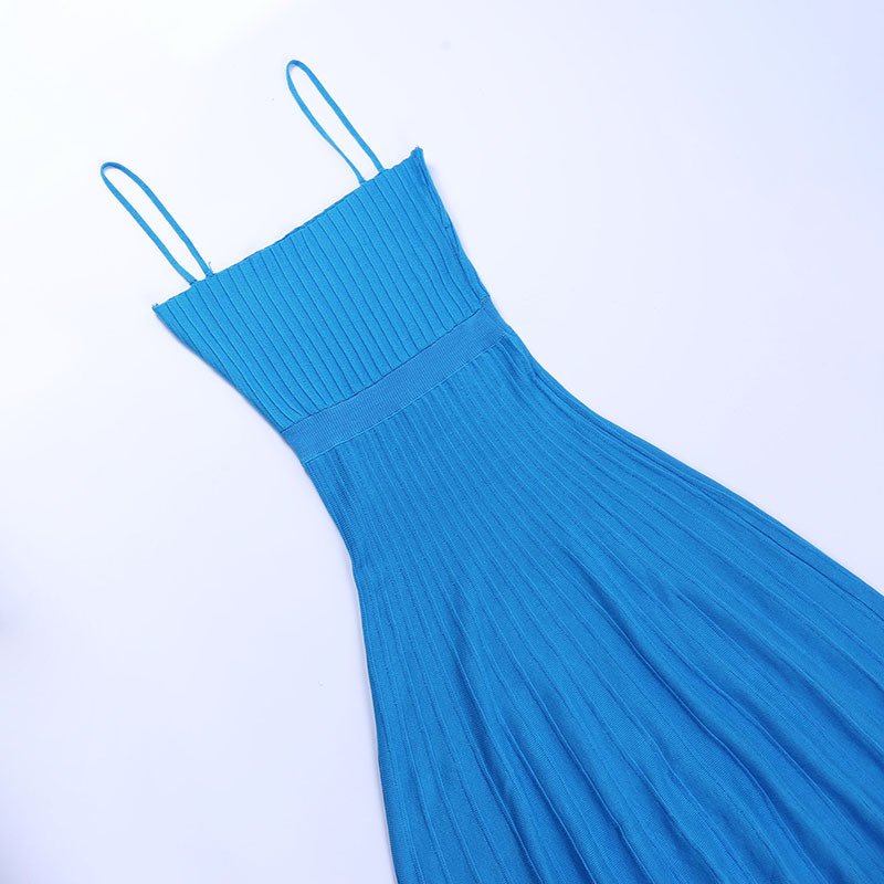 2023 Blue Slip Dress Sexy Bright Color Outfit Rib Knit Bodycon Dress Maxi solid color pleated suspenders sexy dress