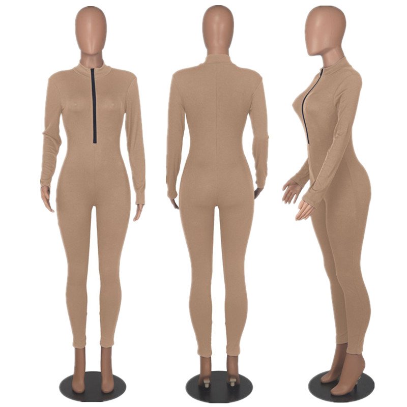 Spring Autumn Zip Up Jumpsuit Women Long Sleeve Workout One Piece Pants Bodysuit Fashion Ribbed Jumpsuit Romper