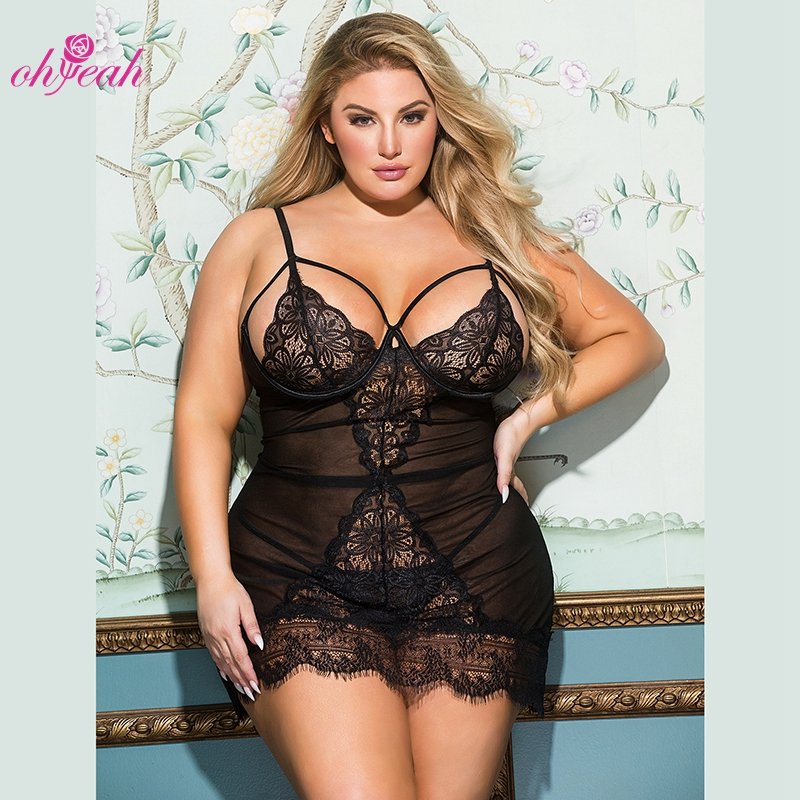 Wholesale Babydoll Lingerie Erotische Floral Lace Plus Size Lingerie Night Dress Sleepwear Transparent Sexy Lingerie for Women