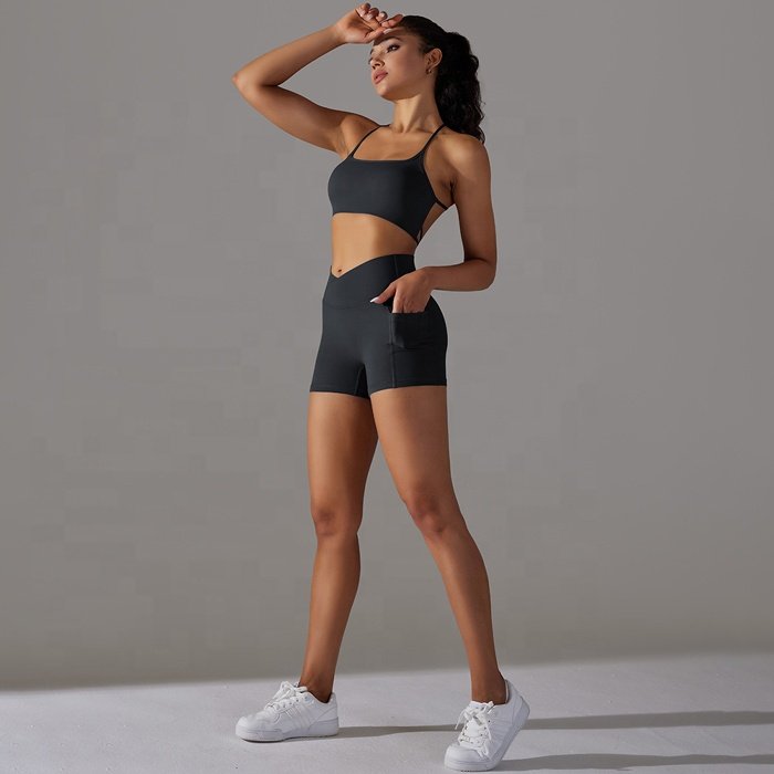 Women Yoga Outfits Sexy Cross Back workout clothes Suits Seamless Sports Bra High Crossover Waist Pockets Butt Lift Shorts Set
