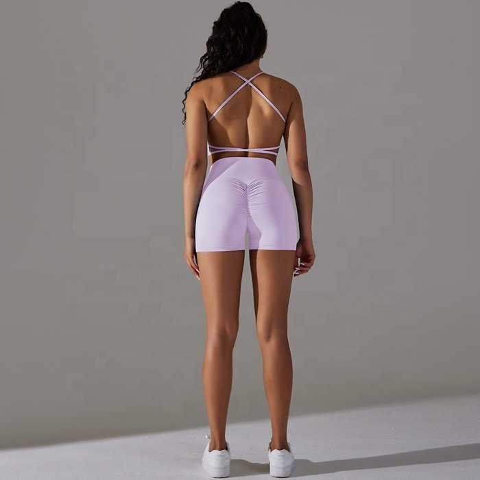 Women Yoga Outfits Sexy Cross Back workout clothes Suits Seamless Sports Bra High Crossover Waist Pockets Butt Lift Shorts Set