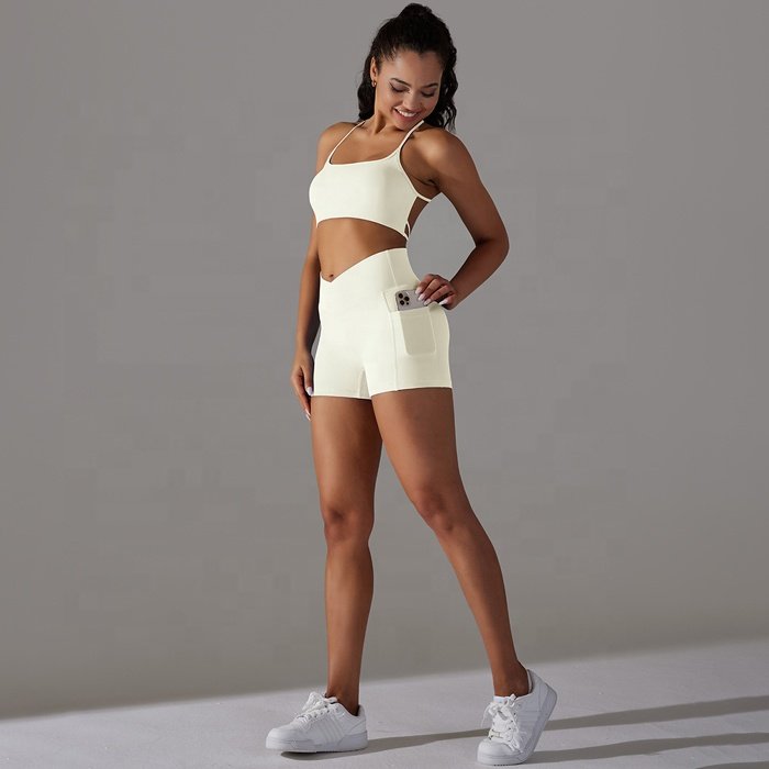 Women Yoga Outfits Sexy Cross Back workout clothes Suits Seamless Sports Bra High Crossover Waist Pockets Butt Lift Shorts Set