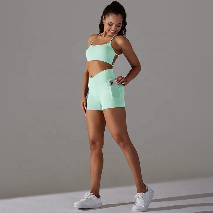 Women Yoga Outfits Sexy Cross Back workout clothes Suits Seamless Sports Bra High Crossover Waist Pockets Butt Lift Shorts Set