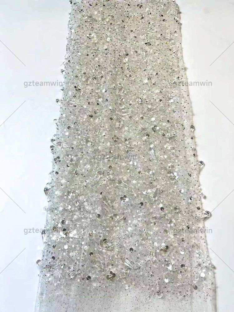 Luxury Design French bridal Rhinestones net fabrics with Pearl sequins glitter tulle embroidery dresses Bridal Lace Fabric