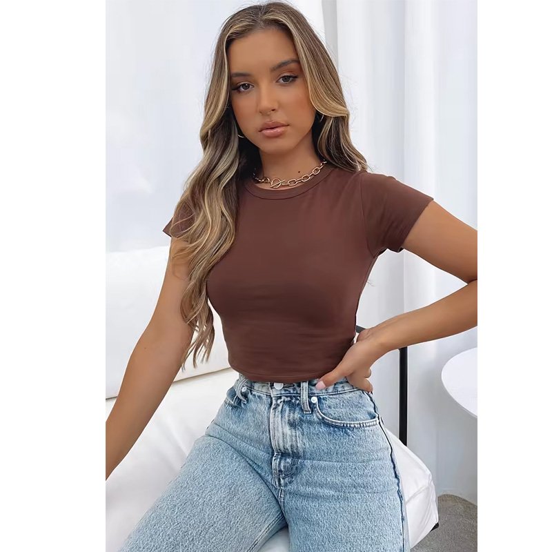 Custom Womens Short Sleeve Simple Lightweight Sexy Fitness Crop Top Tees 100% Cotton Crewneck T Shirt For Women