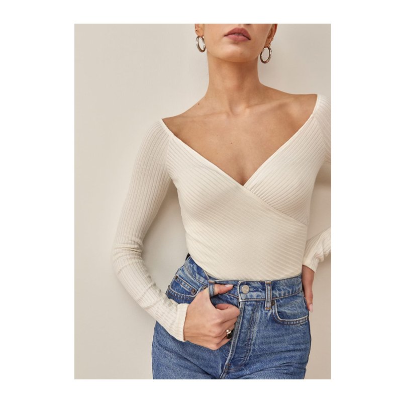 Off the shoulder v neck ribbed knit long sleeve wrap top for spring