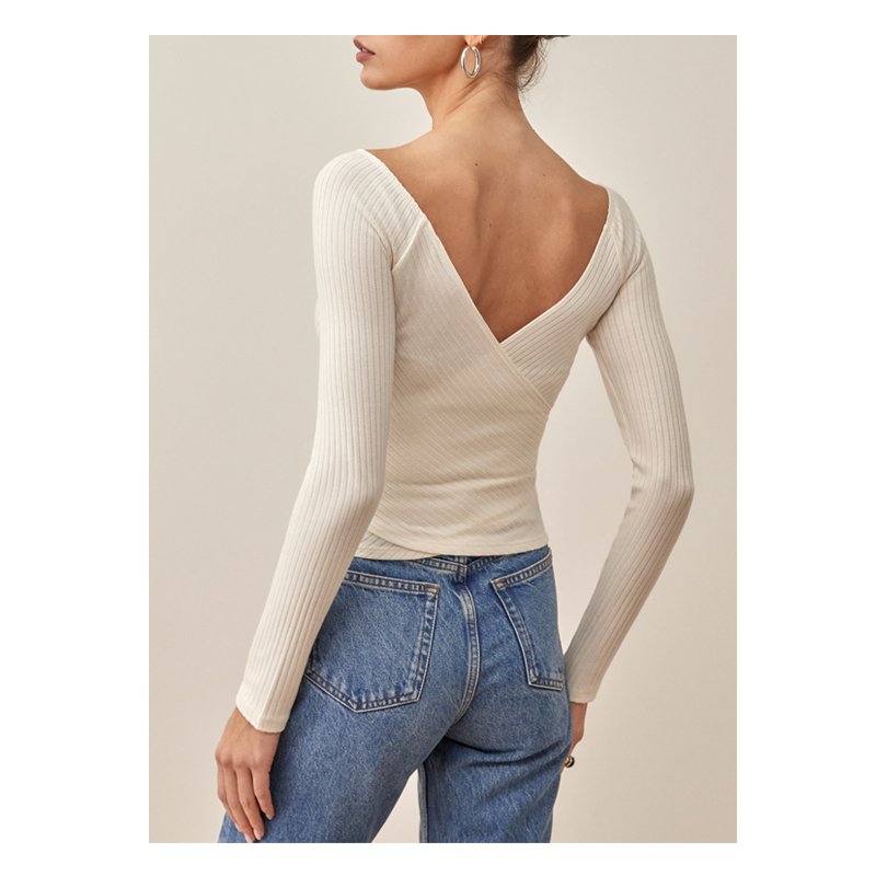 Off the shoulder v neck ribbed knit long sleeve wrap top for spring