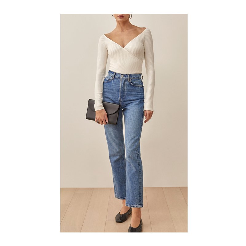 Off the shoulder v neck ribbed knit long sleeve wrap top for spring