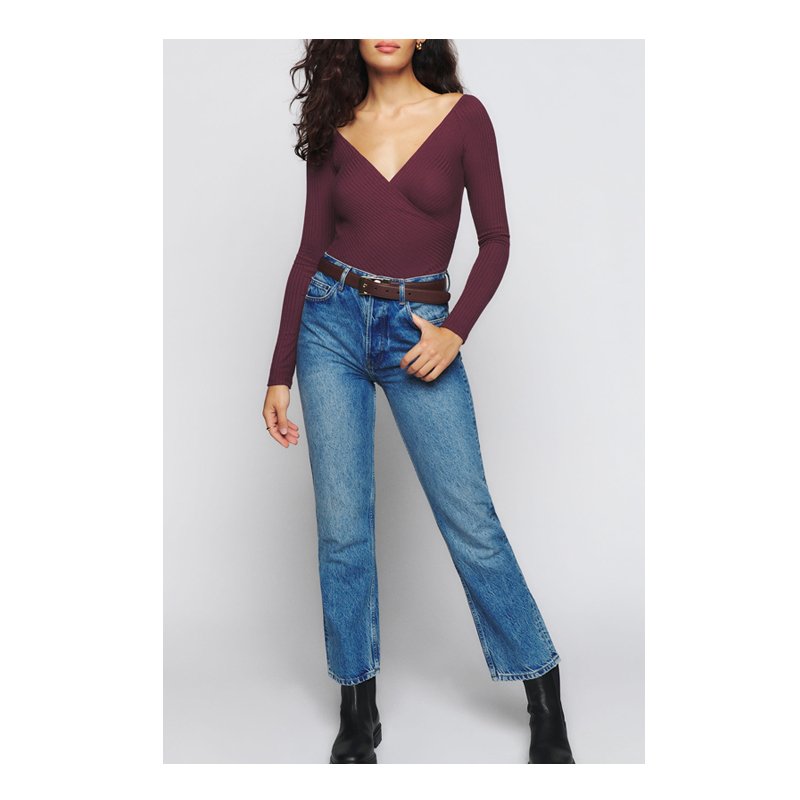 Off the shoulder v neck ribbed knit long sleeve wrap top for spring