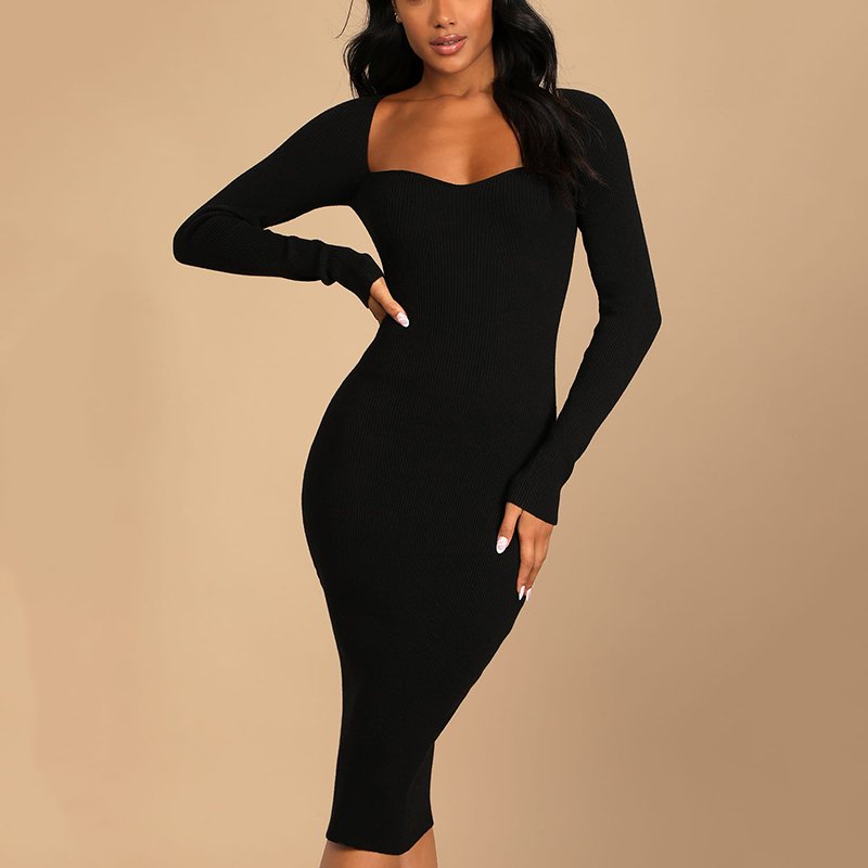 Oem Thick And Stretchy Ribbed Knit Comfortable Dress Black Ribbed Midi Dresses With Soft Sweetheart Neckline And Long Sleeves