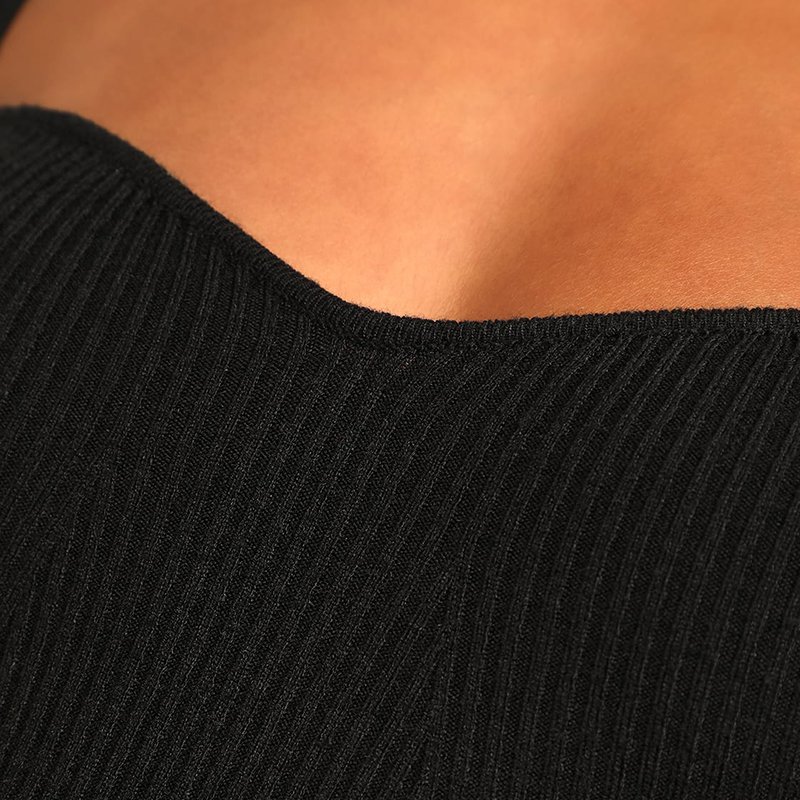 Oem Thick And Stretchy Ribbed Knit Comfortable Dress Black Ribbed Midi Dresses With Soft Sweetheart Neckline And Long Sleeves