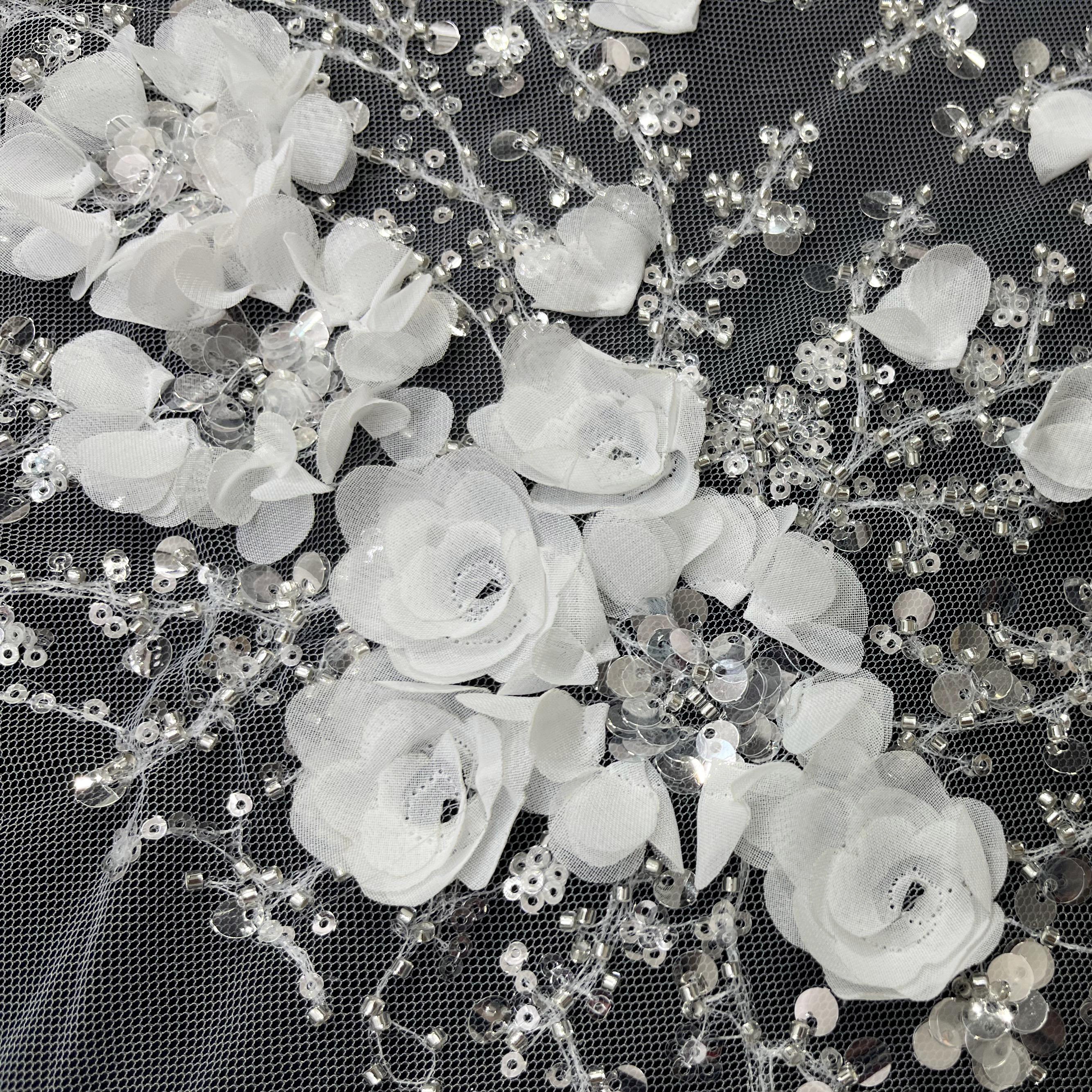 Luxury 3d flowers bridal gown evening white tulle lace fabric