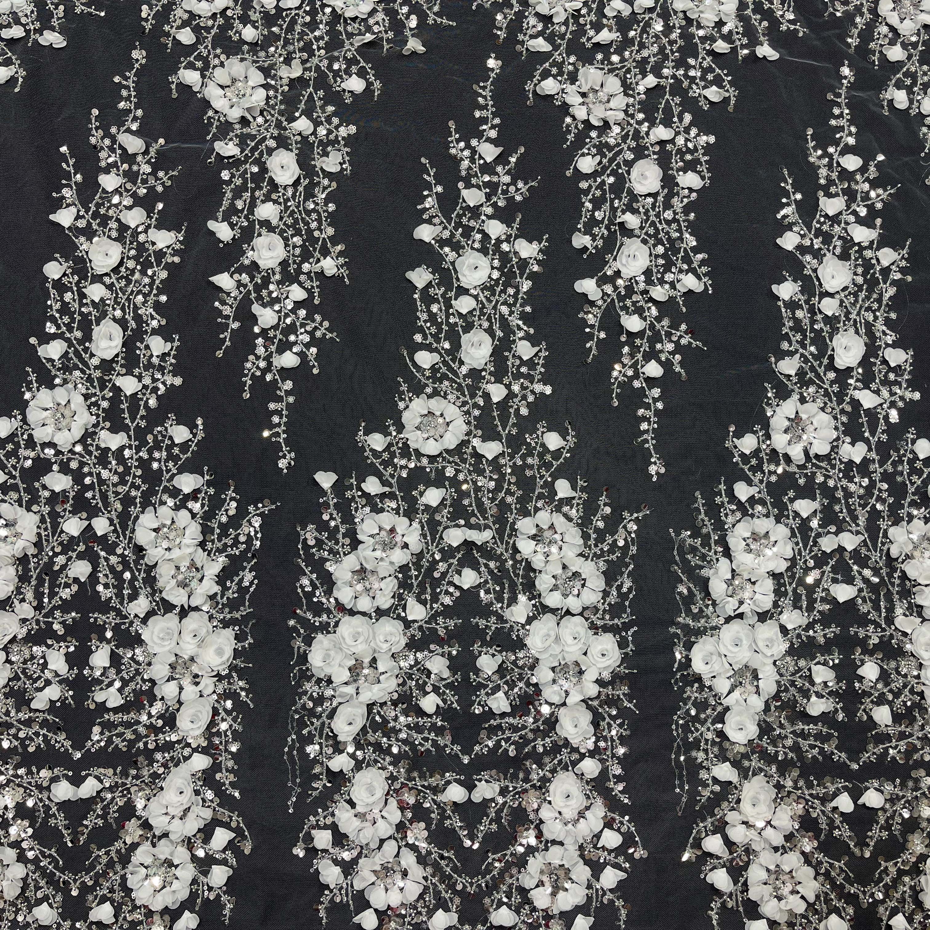 Luxury 3d flowers bridal gown evening white tulle lace fabric