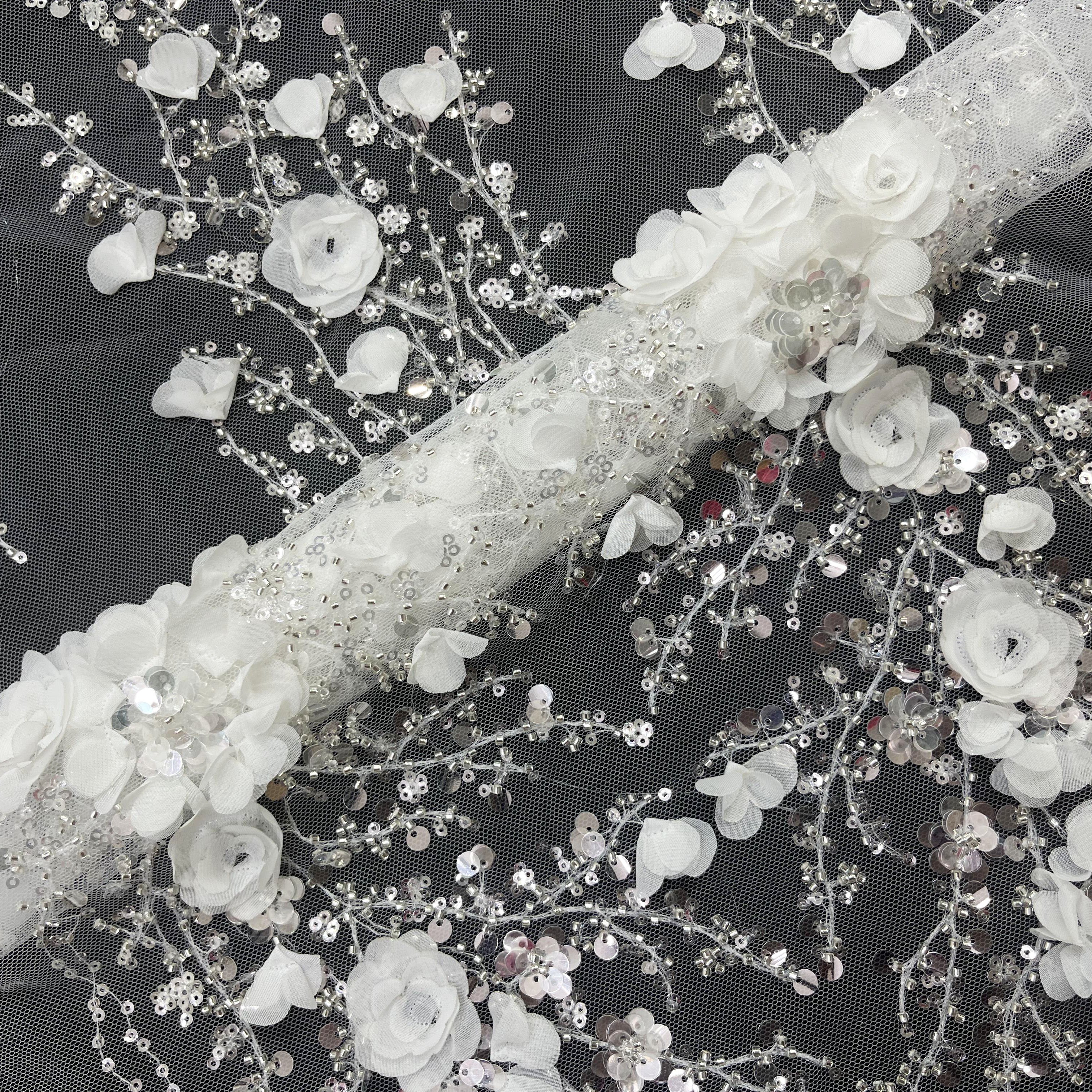 Luxury 3d flowers bridal gown evening white tulle lace fabric