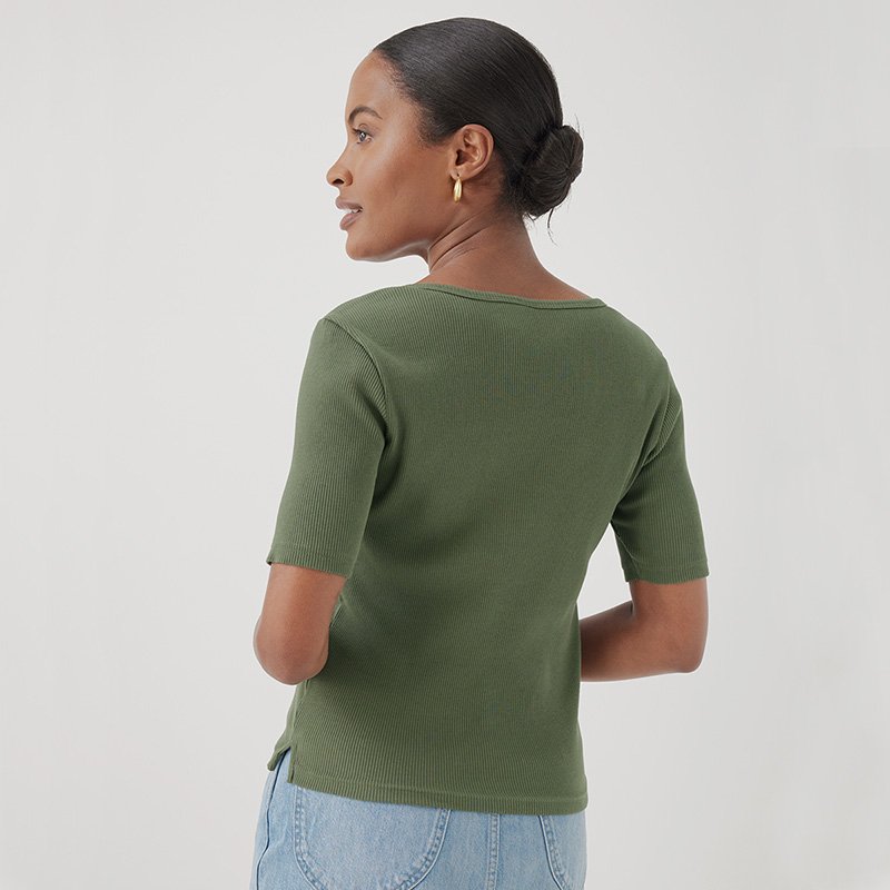 Custom Women Short Sleeve Scoop Neck Button Up Solid Bamboo Casual Tunic Henley Shirt Slim Fit Ribbed Knit Bamboo Tops Blouses