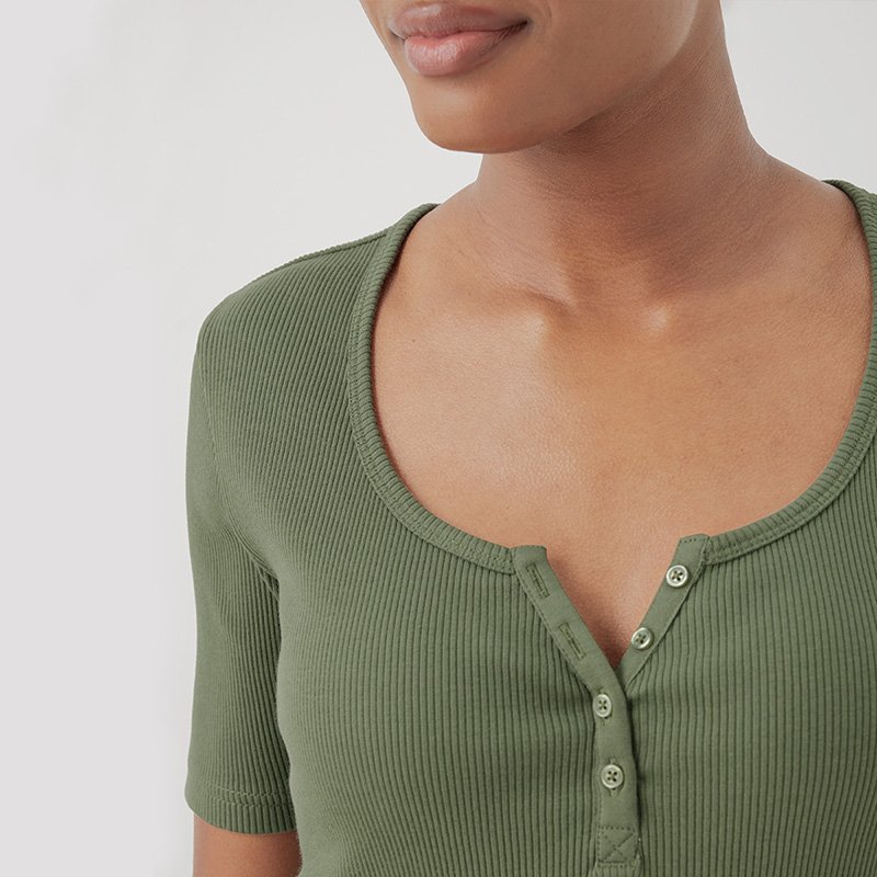 Custom Women Short Sleeve Scoop Neck Button Up Solid Bamboo Casual Tunic Henley Shirt Slim Fit Ribbed Knit Bamboo Tops Blouses