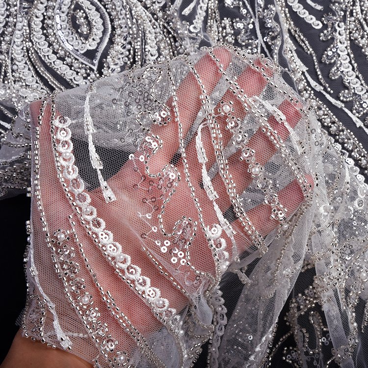 2024 New arrivals luxury white bridal tulle lace fabric high-end embroidery sequin lace fabric for bridal wedding dress