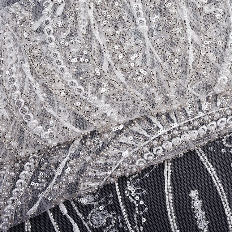 2024 New arrivals luxury white bridal tulle lace fabric high-end embroidery sequin lace fabric for bridal wedding dress