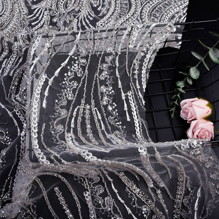 2024 New arrivals luxury white bridal tulle lace fabric high-end embroidery sequin lace fabric for bridal wedding dress