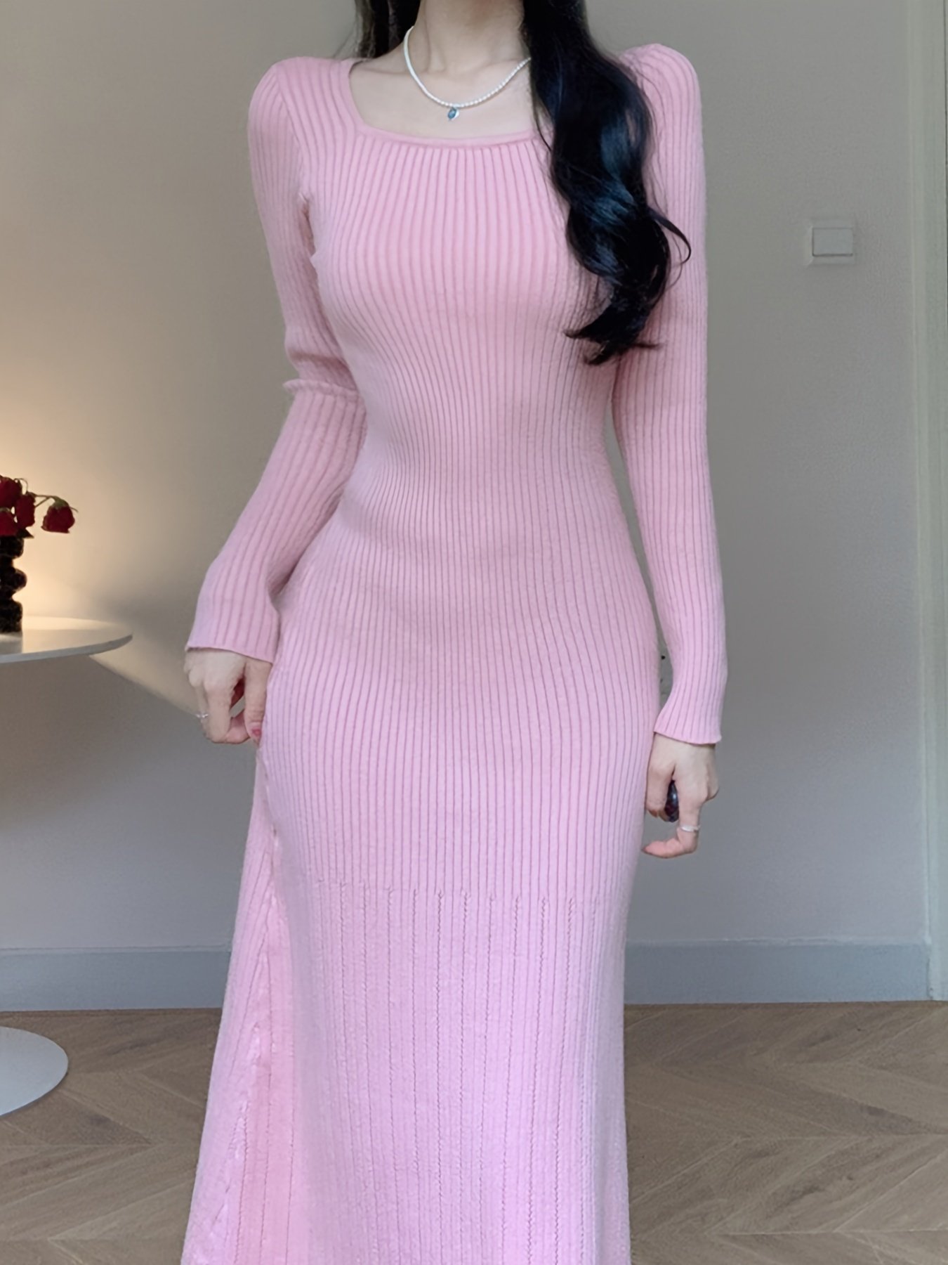 Women's autumn winter square neck slim fit ribbed knitted sweater dress simple fishtail skirt sexy party style hip temperament