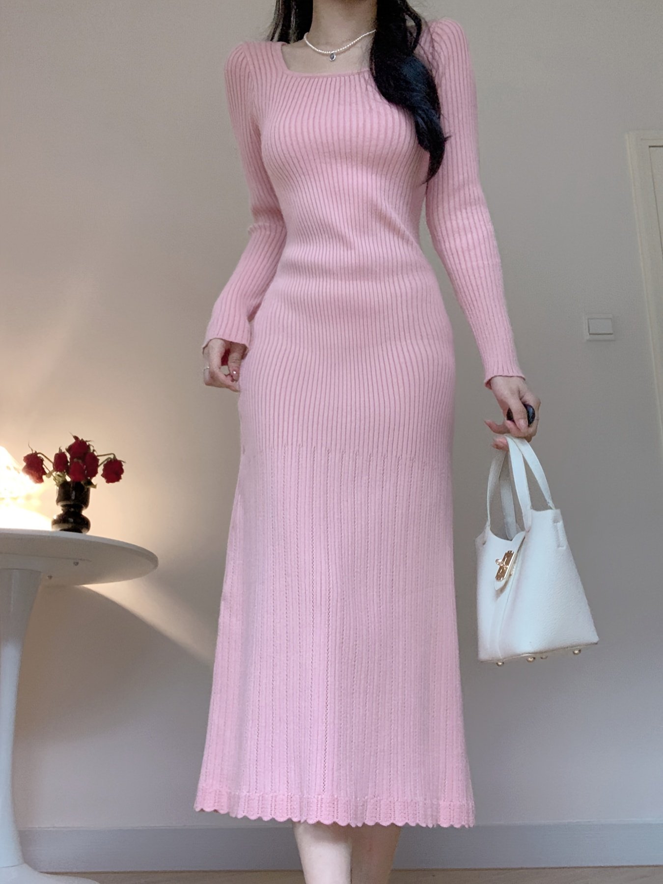 Women's autumn winter square neck slim fit ribbed knitted sweater dress simple fishtail skirt sexy party style hip temperament