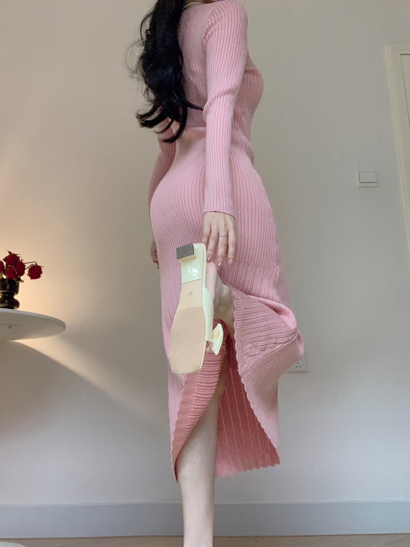 Women's autumn winter square neck slim fit ribbed knitted sweater dress simple fishtail skirt sexy party style hip temperament