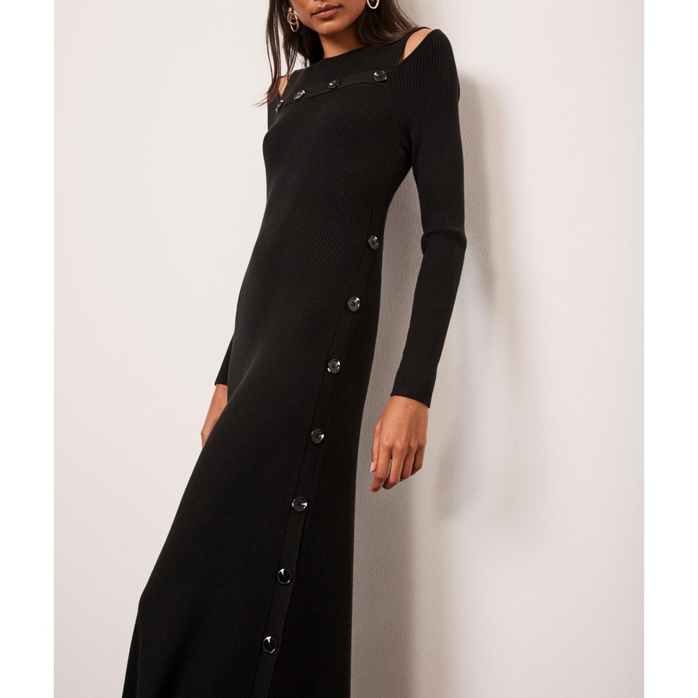 High Quality Knitted Black Women Long Sleeve Rib Dresses Midi Ribbed Knit Dress With Collar Neckline Button Front