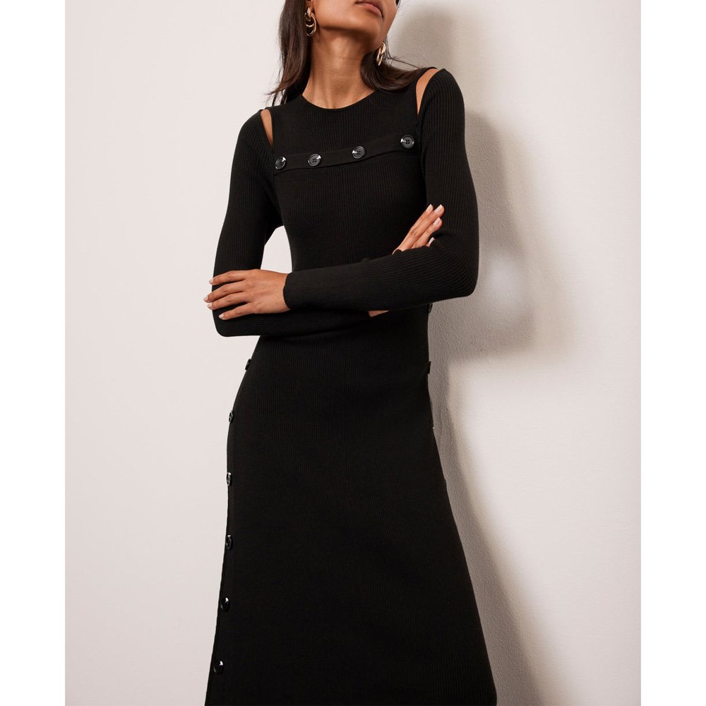 High Quality Knitted Black Women Long Sleeve Rib Dresses Midi Ribbed Knit Dress With Collar Neckline Button Front