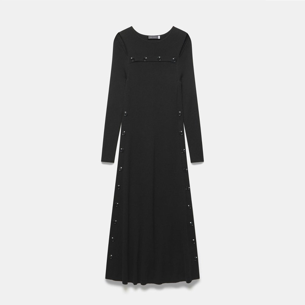 High Quality Knitted Black Women Long Sleeve Rib Dresses Midi Ribbed Knit Dress With Collar Neckline Button Front