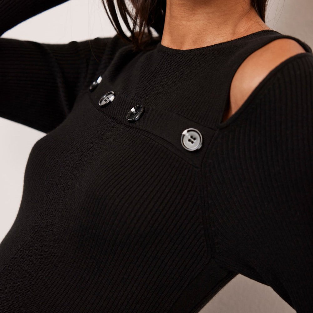 High Quality Knitted Black Women Long Sleeve Rib Dresses Midi Ribbed Knit Dress With Collar Neckline Button Front