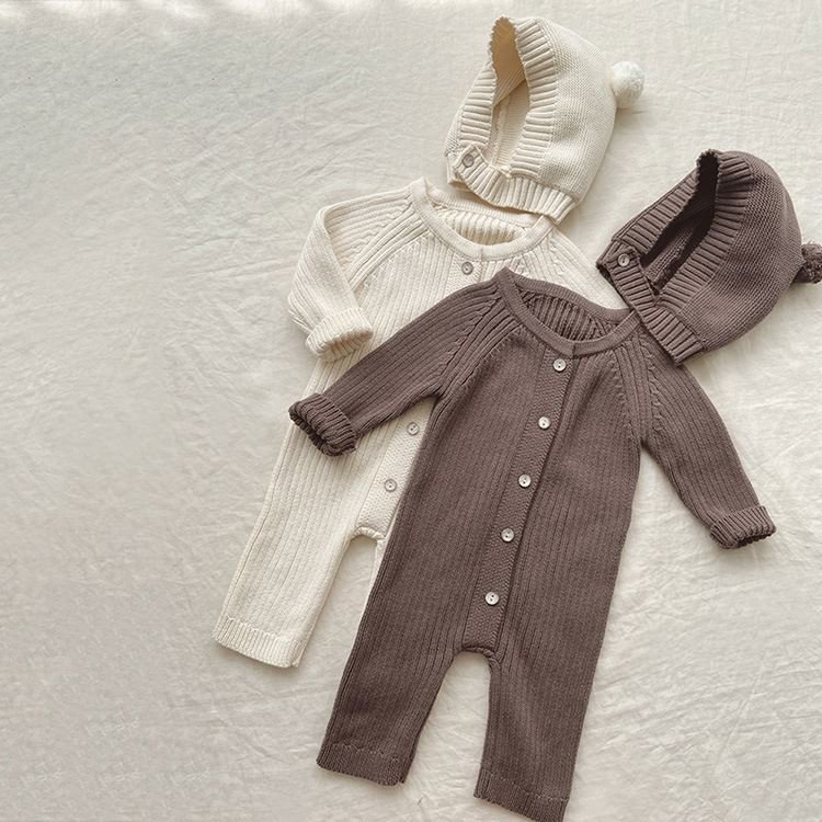Custom Logo Autumn Newborn Infant Toddler Boys Girls Clothes Baby Knitted Rompers Long Sleeve Ribbed Cotton Baby Jumpsuit