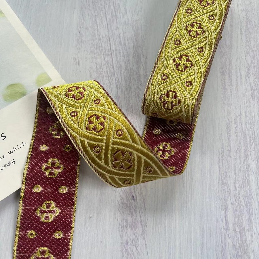 Ethnic Style Lace Jacquard Webbing Woven Gold wire cross pattern For Garment Accessories Width 3.3 cm ST-2038