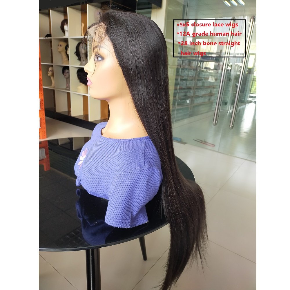On sale High quality 5x5 Bone straight human hair lace closure wig long size human hair wigs vendors