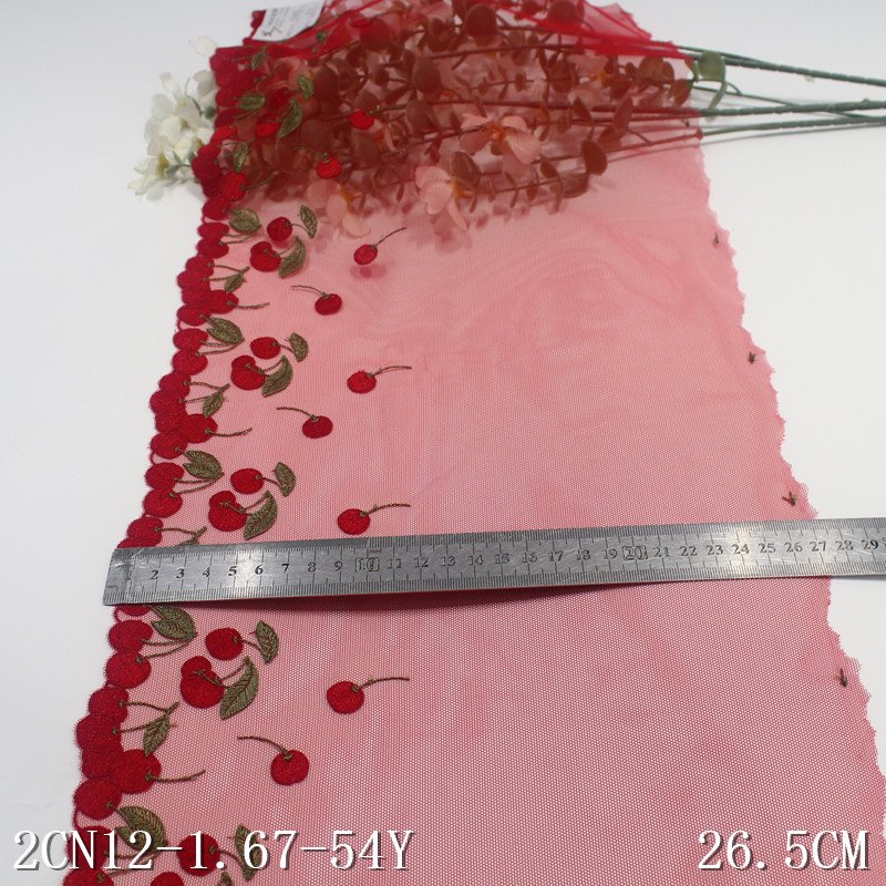Wholesale Sweet Flower Embroidery Lace Trim with Cherry Design 27cm Red Mesh Fabric for Bra