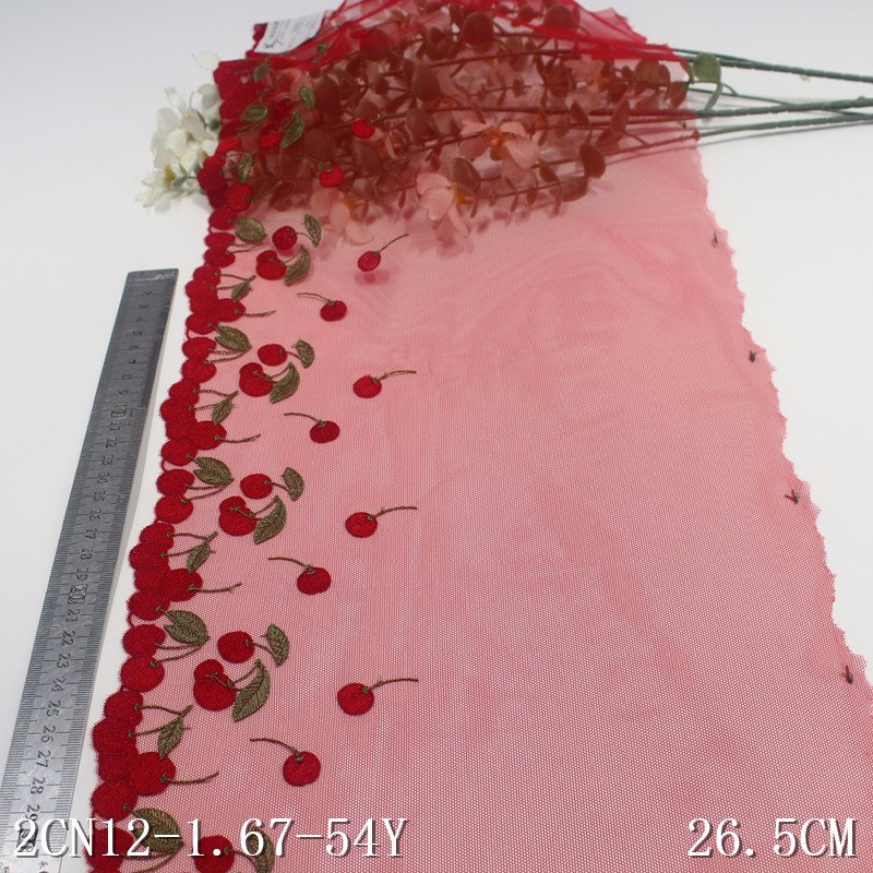 Wholesale Sweet Flower Embroidery Lace Trim with Cherry Design 27cm Red Mesh Fabric for Bra
