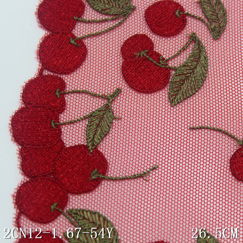 Wholesale Sweet Flower Embroidery Lace Trim with Cherry Design 27cm Red Mesh Fabric for Bra