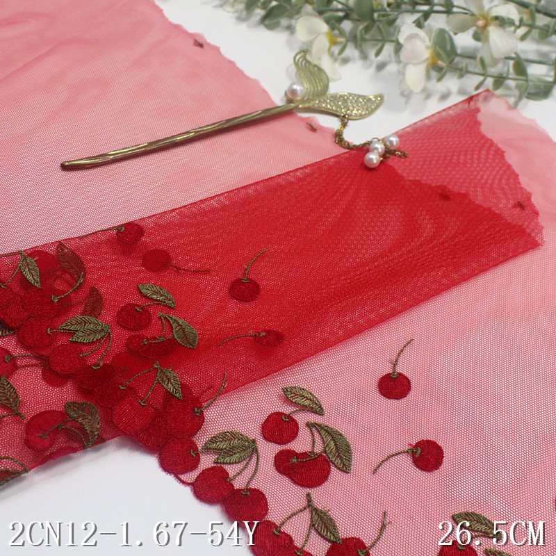 Wholesale Sweet Flower Embroidery Lace Trim with Cherry Design 27cm Red Mesh Fabric for Bra