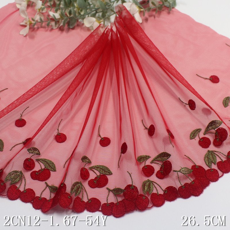 Wholesale Sweet Flower Embroidery Lace Trim with Cherry Design 27cm Red Mesh Fabric for Bra