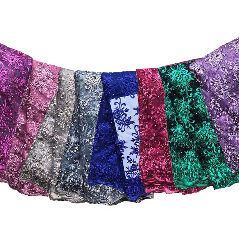 High quality 100% polyester textile bridal dress fabric lace material african nigerian tulle sequins lace fabric